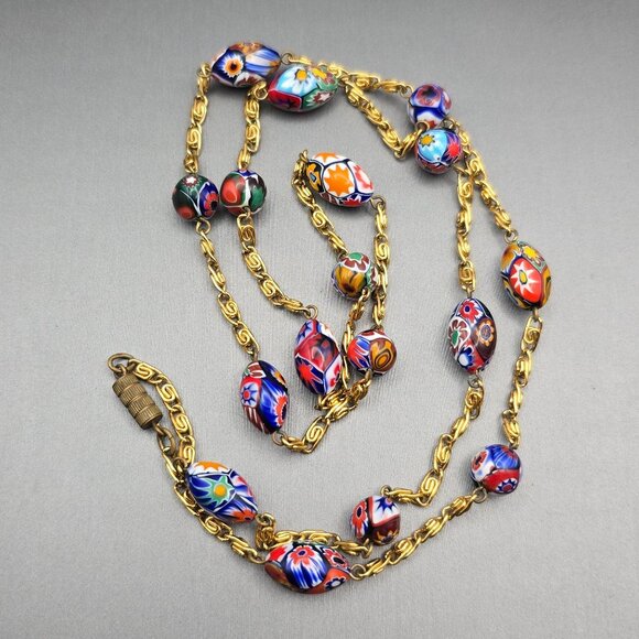 VTG Venetian Murano Millefiori Glass Beaded Station Necklace 31" Gold Plated - Picture 11 of 11